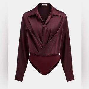 Commense Collared Draped Satin Long Sleeve Bodysuit